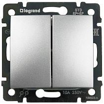 VALENA Выключатель 2-клавишный самовозвартный перекидной 10А схема 6P+6P безвинтовое крепление алюминий