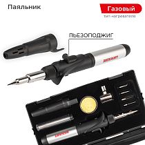Паяльник-горелка с пьезоподжигом, газовый, 17мл, 6 насадок + припой + губка, коробка REXANT