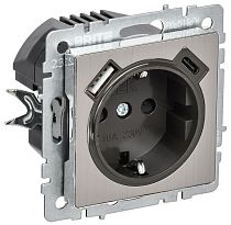 BRITE Розетка 1-местная с заземлением с защитными шторками 16А с USB A+C 18Вт РЮш11-1-БрГН металл хром/никель IEK