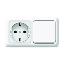 Блок Олимп, открытой установки, выключатель одноклавишный 10А + розетка с заземлением 16A, 220В, горизонтальный белый UNIVERSAL