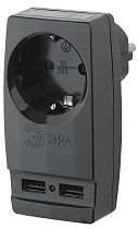 Адаптер ЭРА с заземлением "Polynom" 1 розетка 220В 16А + 2xUSB 2100mA, Чёрный, SP-1e-USB-B