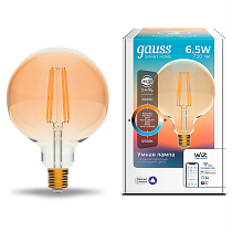 Лампа светодиодная Gauss  Filament Smart Home DIM+CCT E27 G95 Golden 6,5Вт 2000-5500К Лампа светодиодная Gauss  Filament Smart Home DIM+CCT E27 G95 Golden 6,5Вт 2000-5500К
