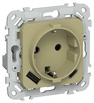 FLITE Розетка 1-местная с заземлением с защитными шторками 16А с USB A+C 20Вт безвинтовое крепление РСЮшс11-1-ФлО оливковый IEK