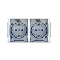 Розетка двухместная с прозрачной крышкой UNIVERSAL серия "Клио", IP54, с/з, о/у, 16А, 220В, белая (еврослот)