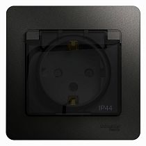 Glossa Антрацит Розетка с заземлением со шторками с крышкой, 16А, IP44 (в сборе с рамкой) Systeme Electric (Schneider Electric)