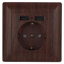 Розетка ЭРА Intro Solo 4-410-10 с заземлением P+E Schuko со шторками, 16А-250В + 2хUSB, IP20, скрытой установки, венге