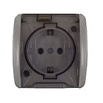 Розетка одноместная "UNIVersal", серия "Клио", IP54, с заземлением, открытой установки,с прозрачной крышкой,серый Розетка одноместная "UNIVersal", серия "Клио", IP54, с заземлением, открытой установки,с прозрачной крышкой,серый