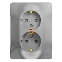 Glossa Алюминий Розетка двойная с заземлением со шторками (в сборе с рамкой) Systeme Electric (Schneider Electric)
