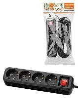 Удлинитель 4 гнезда, 5 метров, с/з, выкл., 10 А, 2300 Вт, черный, НАРОДНЫЙ У1-42056
