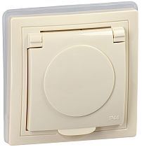 KVARTA Розетка одинарная с заземляющим контактом с защитными шторками и крышкой РСбш10-3-ККм-44 16А IP44 крем  IEK