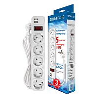 Фильтр-удлинитель "DOMTOK" 5гн. с USB type-A + type-A, ПВС 3*1, 10А/2,2кВт белый 3м