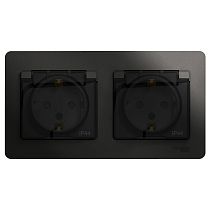 Glossa Антрацит Розетка двойная с заземляющим контактом, со шторками (в сборе с рамкой), IP44 Systeme Electric (Schneider Electric)