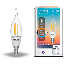 Лампа светодиодная Gauss Filament Smart Home DIM+CCT E14 CF35 4,5Вт 2000-6500К Лампа светодиодная Gauss Filament Smart Home DIM+CCT E14 CF35 4,5Вт 2000-6500К