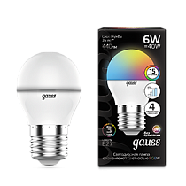 Лампа Gauss Шар G45 6W E27 RGBW+димирование LED 1/100 Лампа Gauss Шар G45 6W E27 RGBW+димирование LED 1/100